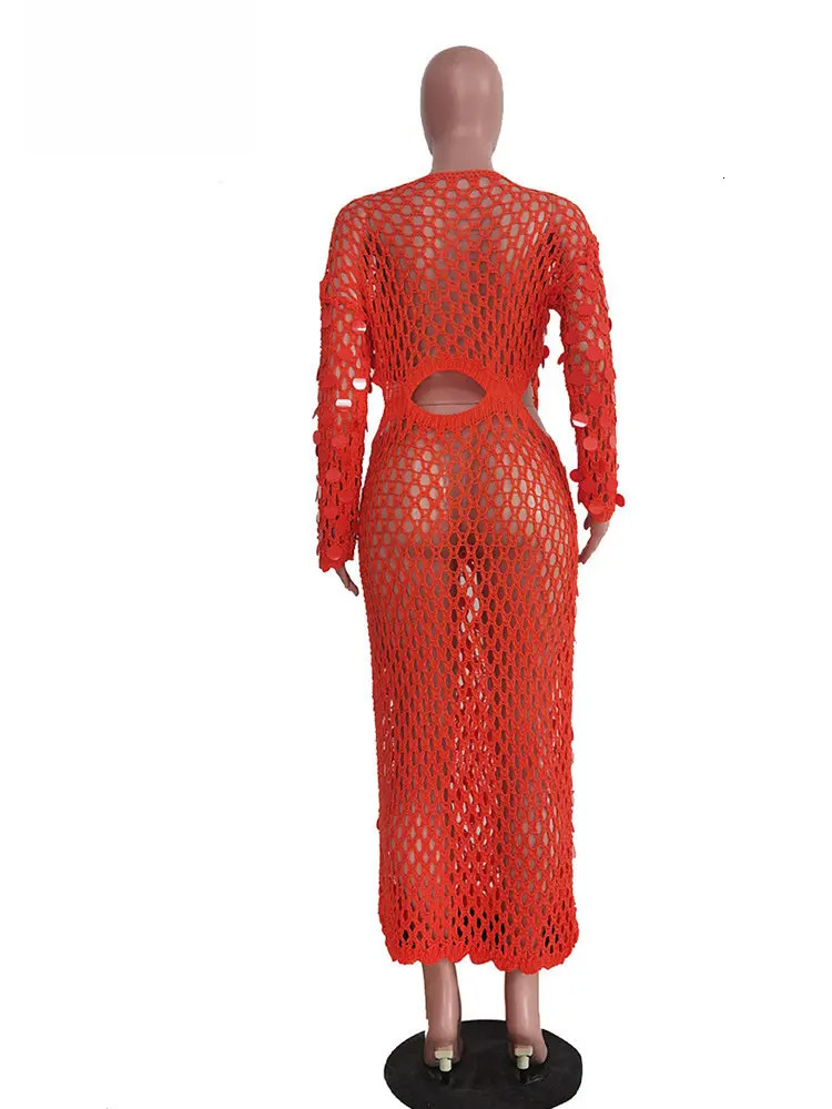 Fishnet Knitting Hollow Sequins Maxi Dress Sexy See Through Holiday Long Sleeve Slim Summer Vacation Beach Dresses