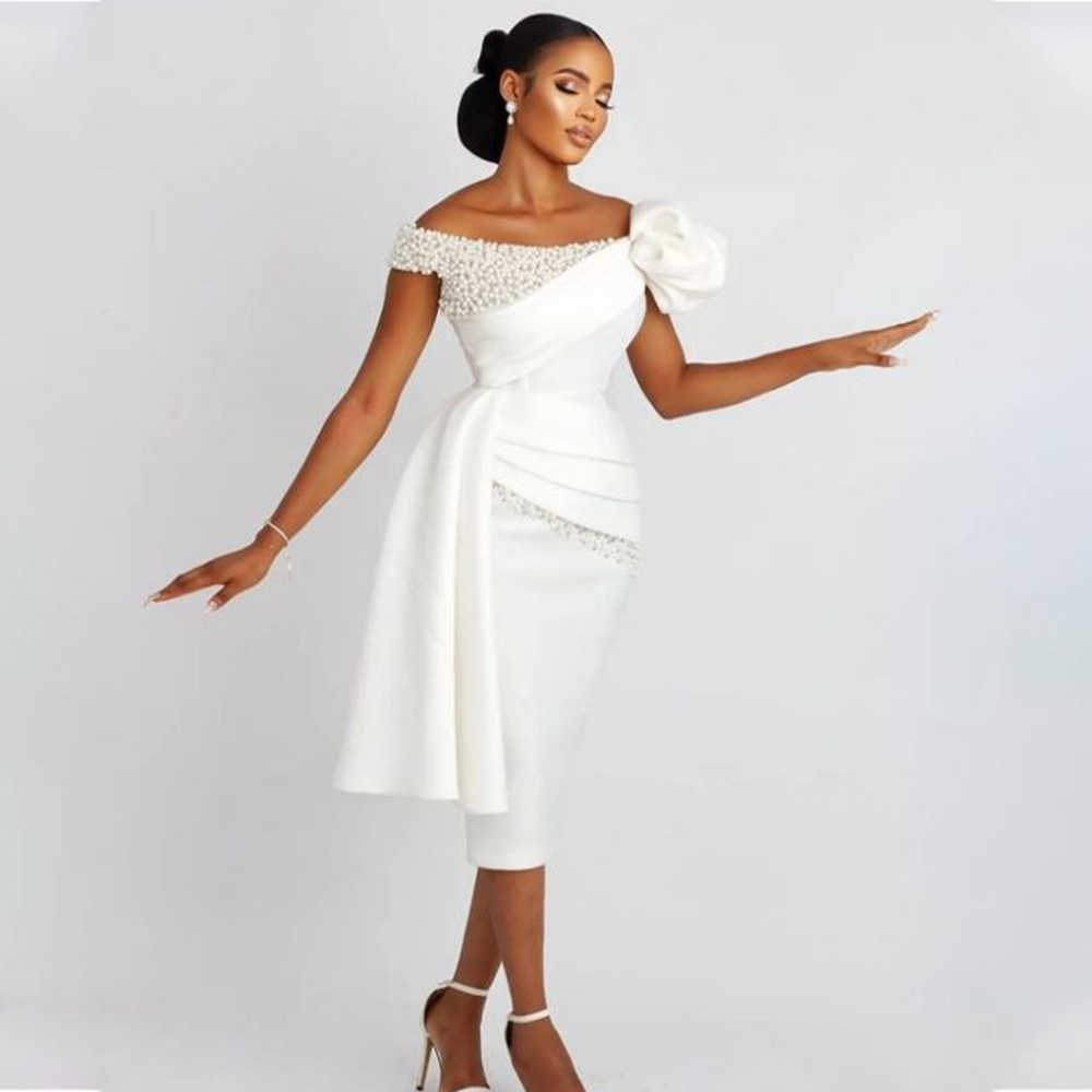 Sheath Column Wedding Short Off The Shoulder Pearls Bridal Gowns For Bride White Draped Tea Length Brides Dresses 6660312