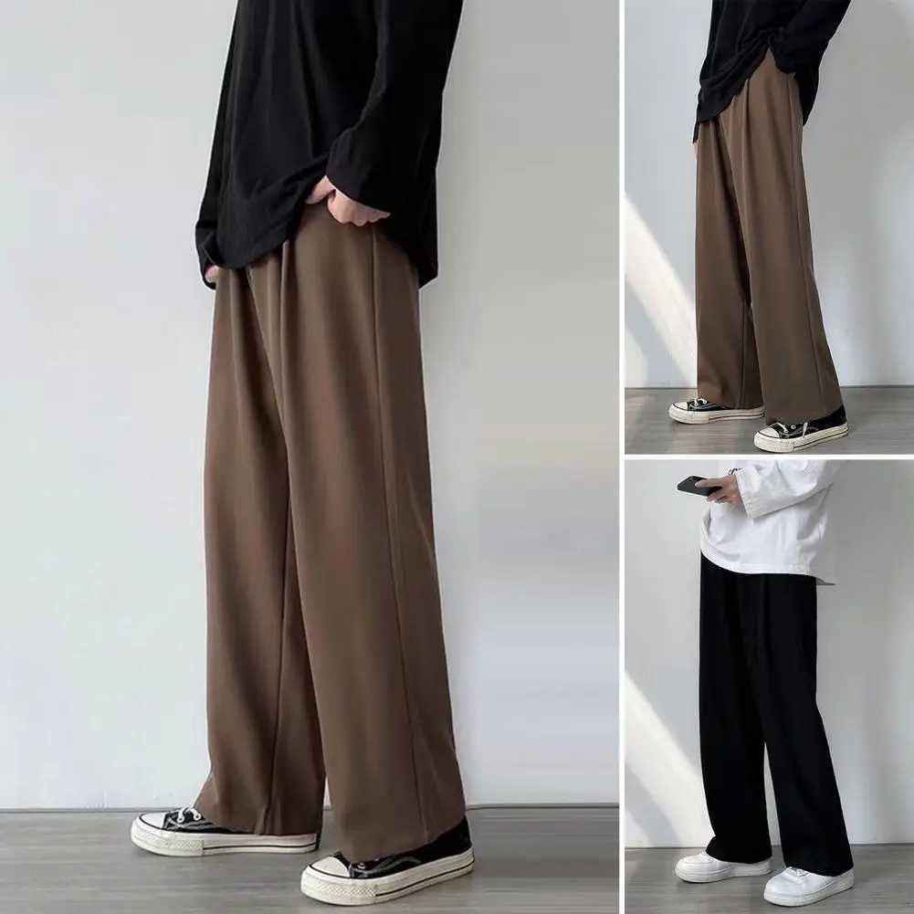 Mens Pants Loose Straight Wide Leg Solid Color Elastic Waist Match Top Breathable Mid Waist Mens Trousers Mens Clothes W250225