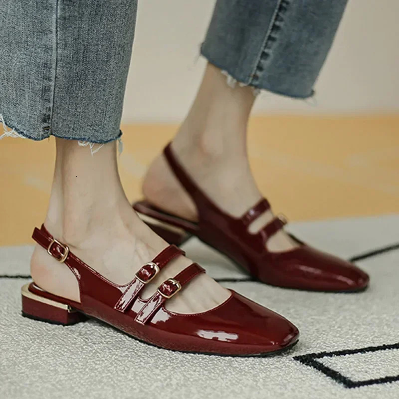 Women Sandals Summer Shoes Woman Flats Double Buckle Mary Janes Shoes Patent Leather Dress Shoes Back Strap Zapatos Mujer 250224