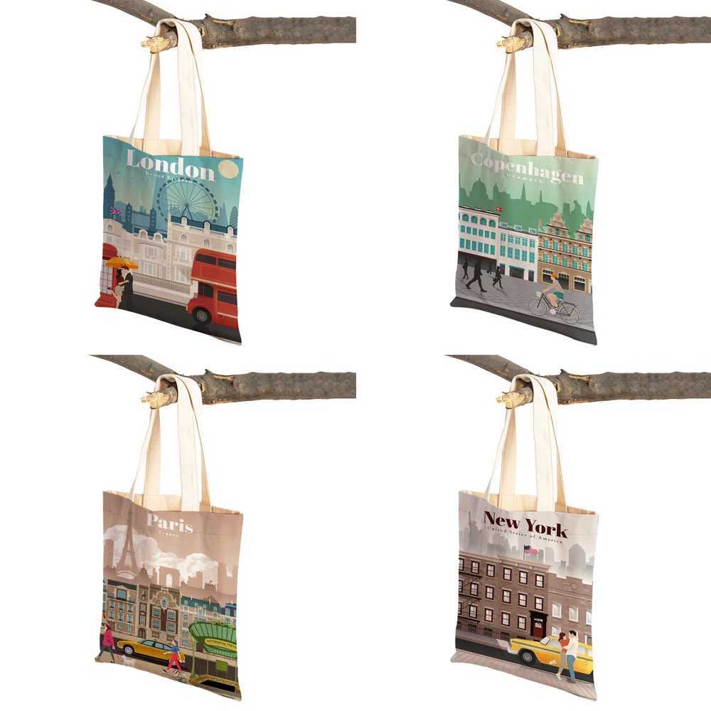 Fashion City Map London New York Paris Spain Shopping Bag Handbag Womens Handbag Casual Canvas Womens Shopping Bag on Both Sides Z250224