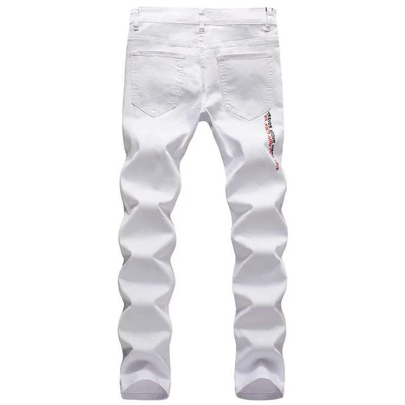 Men's Jeans Fashion Embroidery Letters White Skinny Jeans Trousers Men Hip Hop Punk Casual Motorcycle Stretch Ripped Denim Pants Streetwear z2502