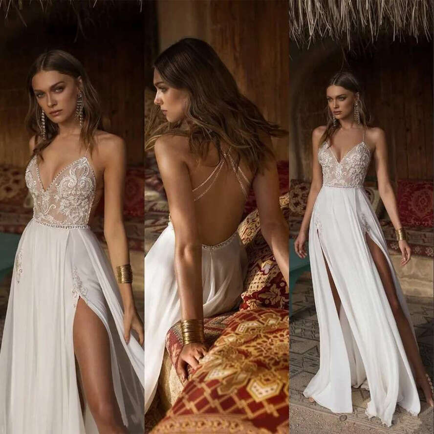 Sexy A-E High Side Split Wedding Dresses Bridal Gowns Spaghetti Straps Lace Appliques Beaded Vestios De Novia Backless Chiffon Weddings Dress Custom