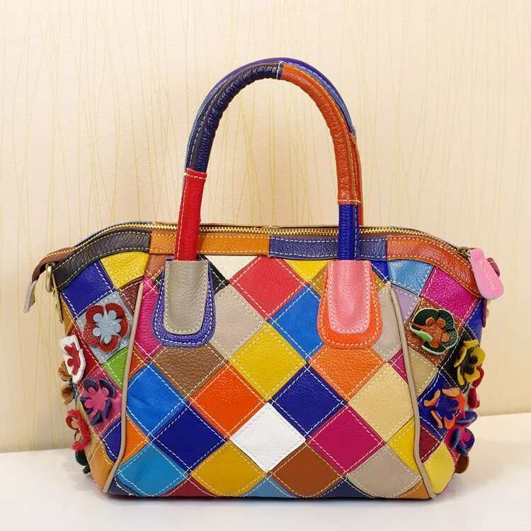 High Quality Leather Women's Multi-Color Plaid Ing Design Shoulder Ladies Fashion Wer Color Block Tote Bag 418