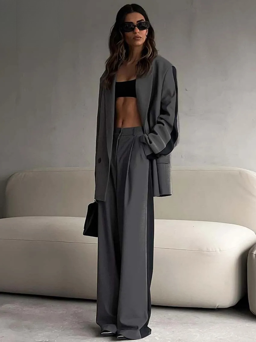 Elegant Grey Patchwork 2 Piece Women designer clothing Outfit Fashion Long Sleeve Button Blazers And Straight Simple Trousers Sets