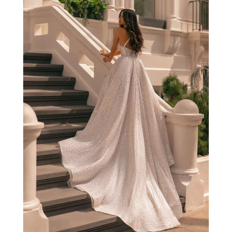 Berta A E Dresses Bridal Gowns V Neck Sparkly Sequins Wedding Dress Plus Size Ruched Sweep Train Backless Vestidos De Novia