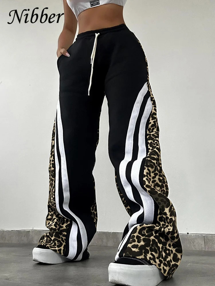Nibber Side Stripe Women Flare Pants Autumn Hipster Leopard Patchwork Pocket Casual Wild Basic Street Sports Sweatpants Trousers 250225