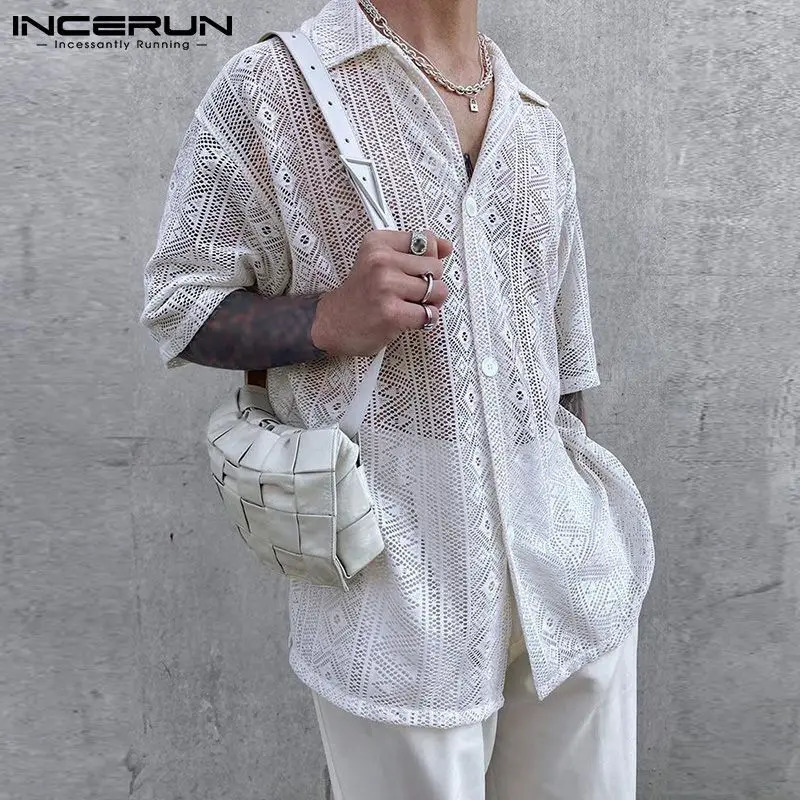 Fashion Mens Shirt Mesh Lace Transparent Street Clothing Collar Short Sleeve Button Camisas Party Sexy Mens Wear S-5XL INCERUN 250222