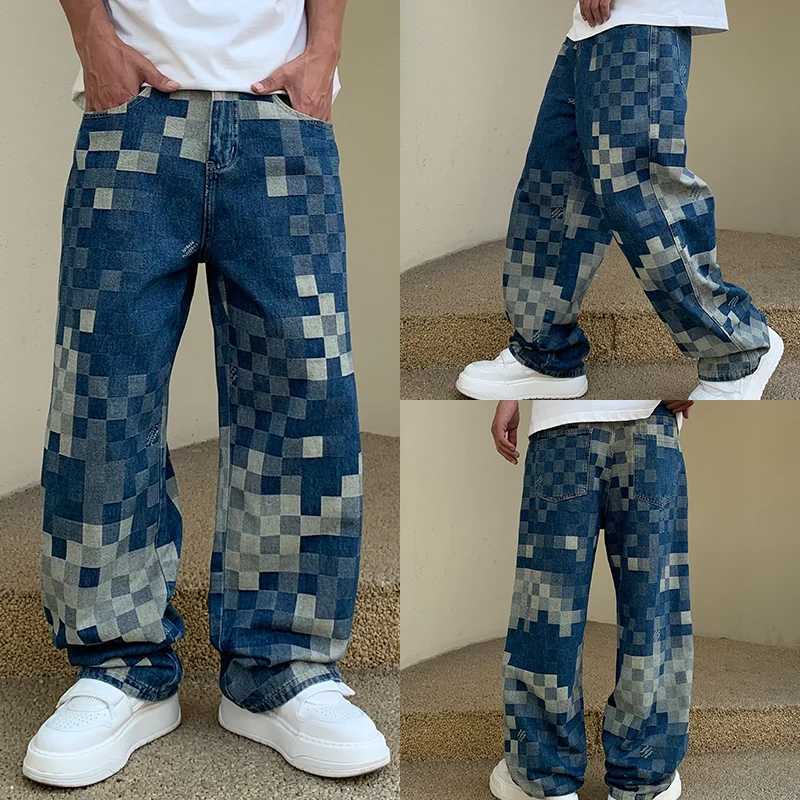 Men's Jeans Mosaic checkerboard jeans mens fashionable and personalized design loose straight leg street hip-hop Y2K unique trendy pants z250225