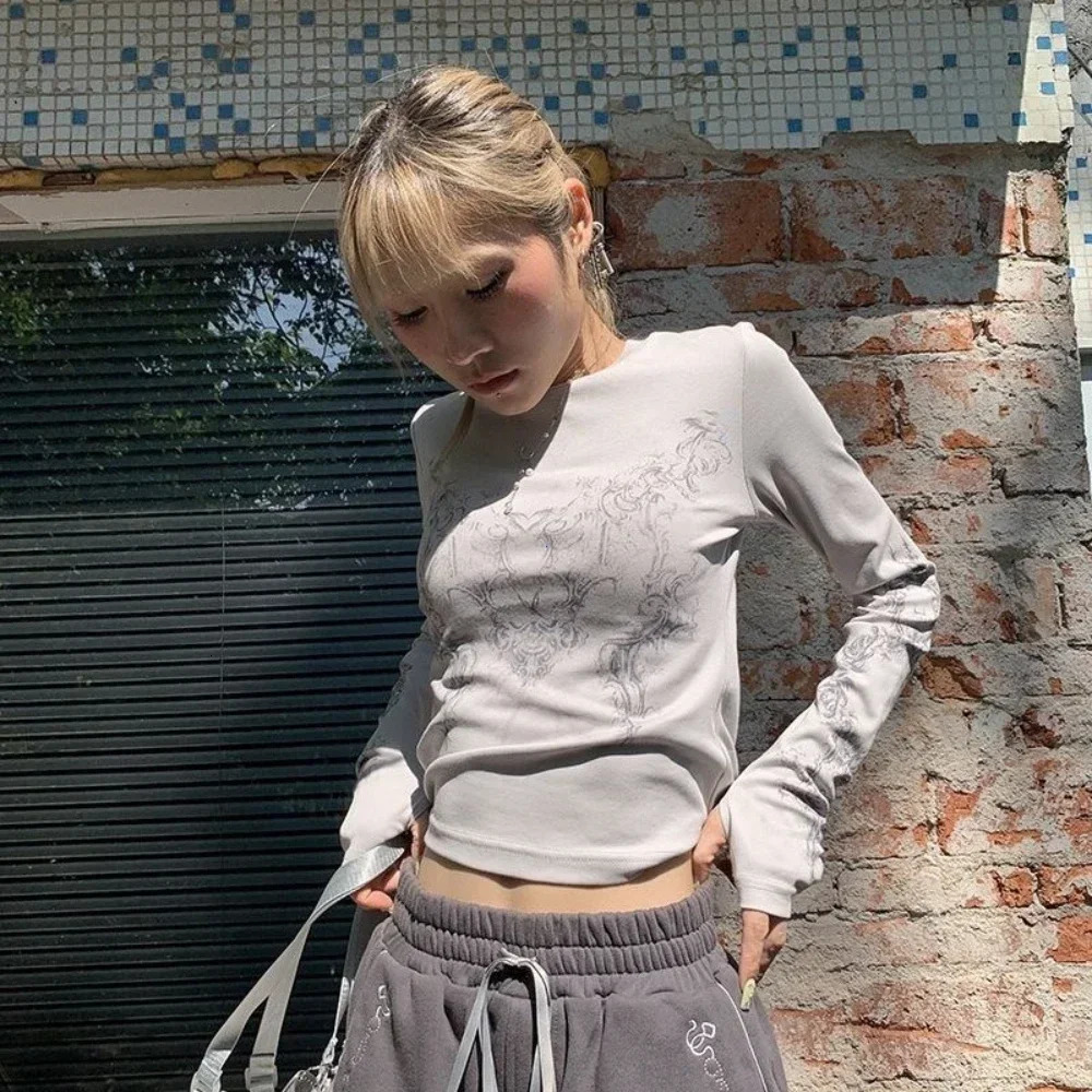 Vintage Women Clothes Y2K T-shirts Blusas O-neck Long Sleeve Print Tunic Woman Clothing Fashion Casual Crop Tops Shirts 250225