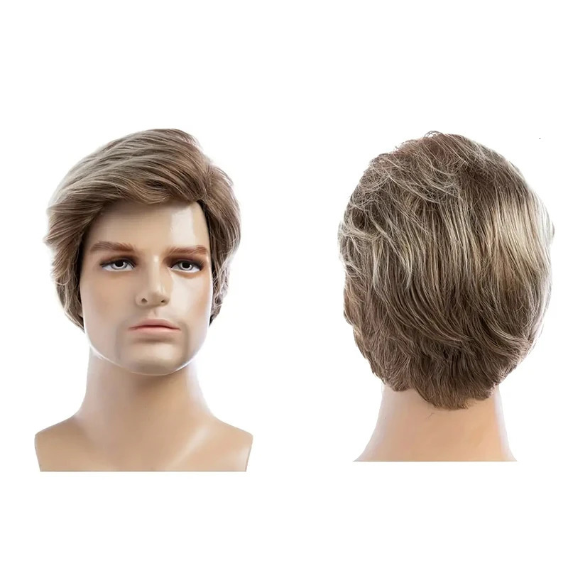 6 Inch Short Curly Synthetic Brown Wig Handsome Mens Heat Resistant Wig with Bangs for Daily Use 250224