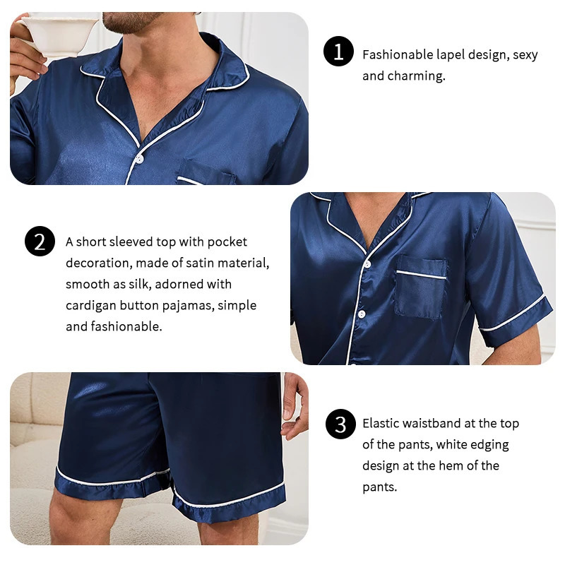 2pcsSet Mens Pajamas Set For Summer Black Short Sleeve Button Down Shirt Top Shorts Sleepwear Loungewear Shorts Suit Pyjamas 250224
