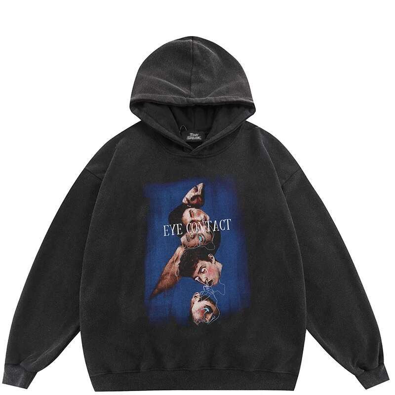 2024 Oversize Hoodie Sweatshirt Women Men Streetwear Face Ghost Shadow Graphic Haruku Retro Washed Black Hooded Pullover Y2K