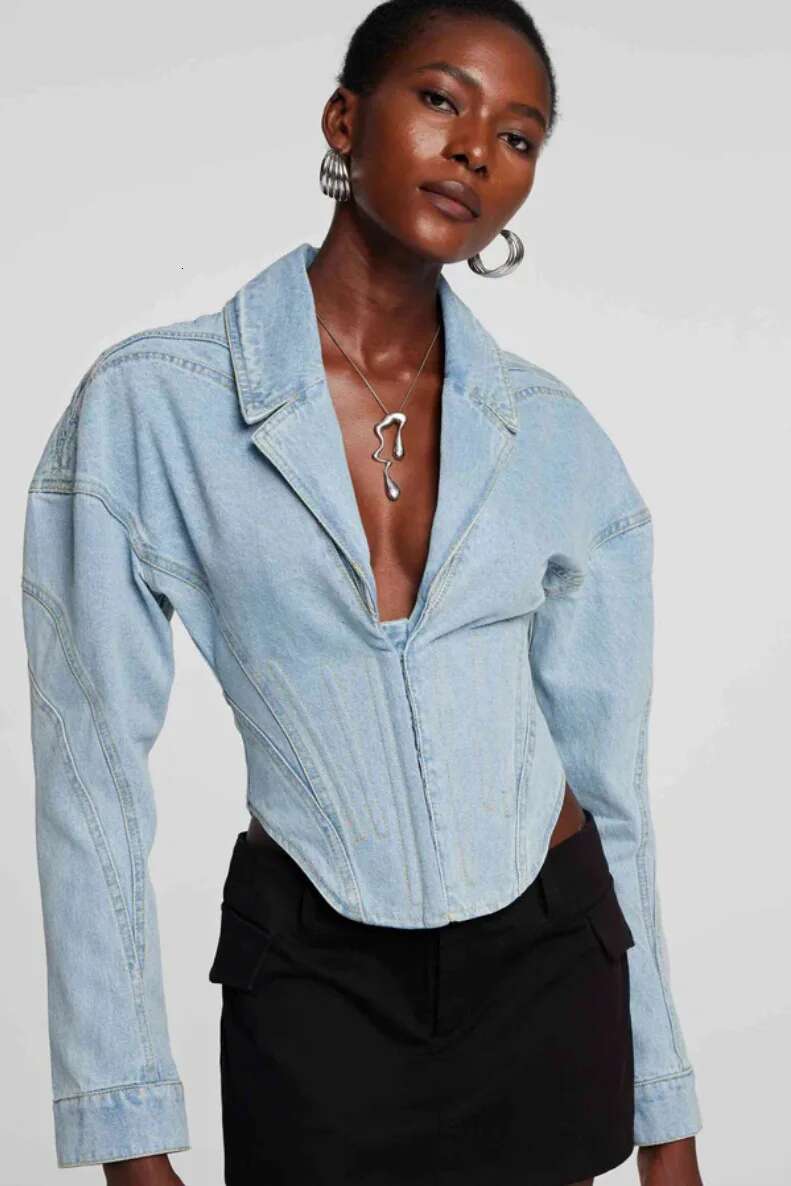 Getspring Women Jacket 2025 Spring Vintage Long Sleeve Fishbone Slim Fit Blue Short Denim Coat All Match Fashion Jean Tops