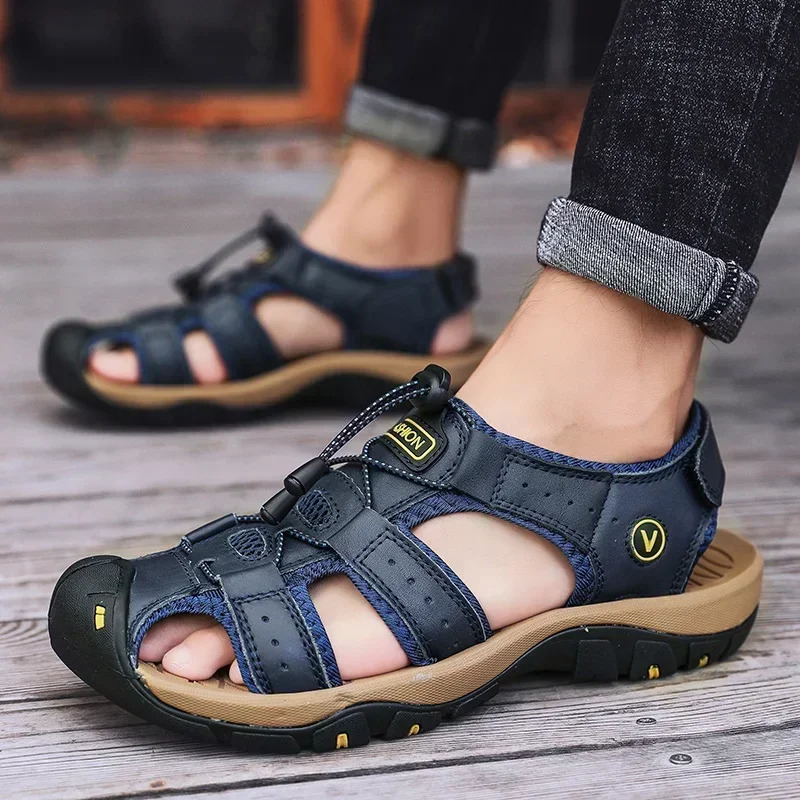 Summer Men Sandals Genuine Leather Mens Casual Shoes Outdoor Men Leather Sandals for Men Beach Shoes Roman Shoes Plus Size 38-48 250224