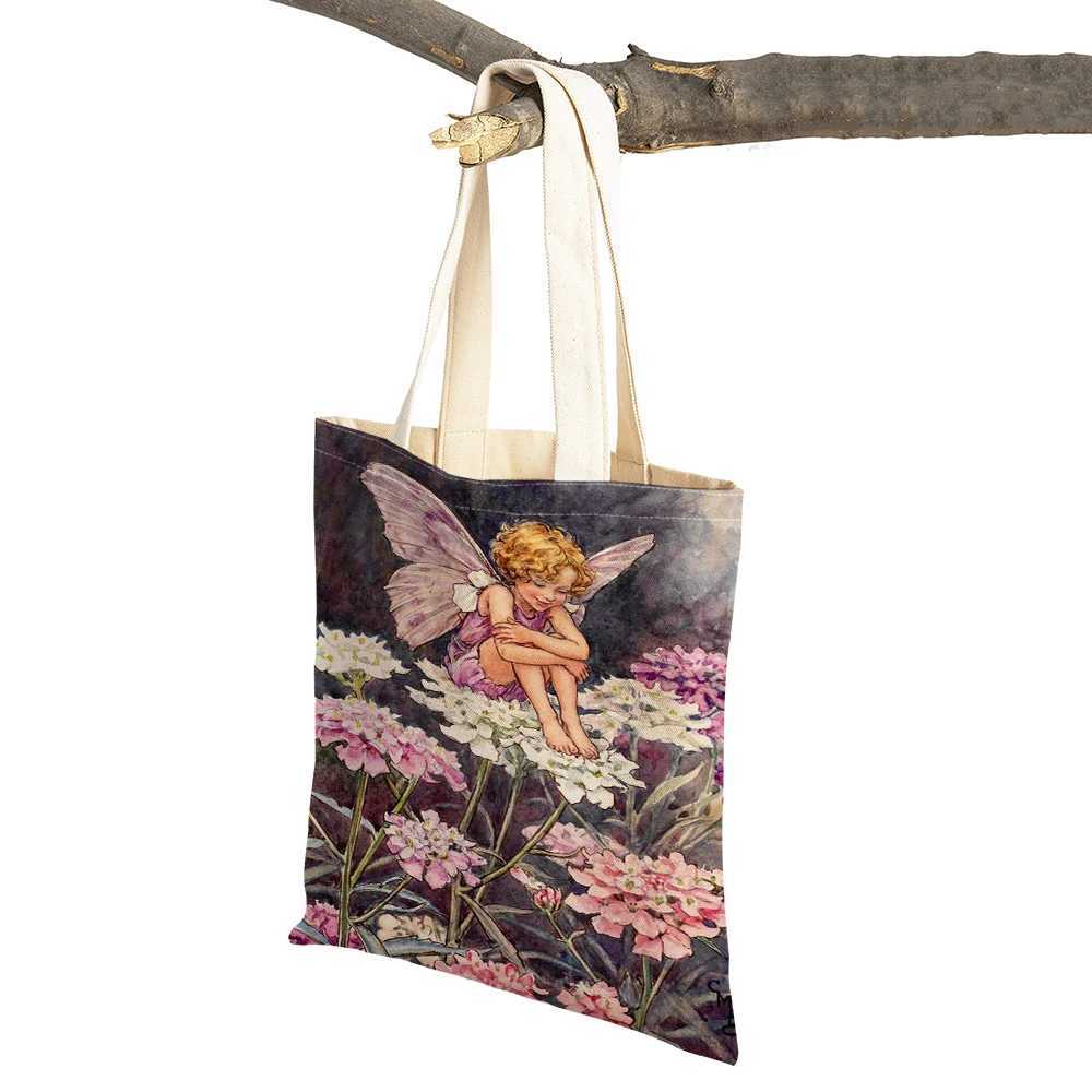 Double Print Child Shopper Bags Casual Fairy Tale World Elves Linen Tote Handbag Cute Cartoon Flower Girl Shopping Bag for Women Z250224