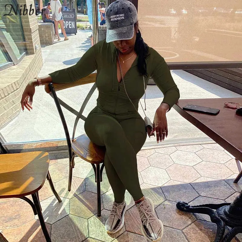 Nibber Sporty Casual Long Sleeve Hooded Zipper Solid two pieces set women Autumn Workout Skinny Top And Pants Matching Set mujer 250224