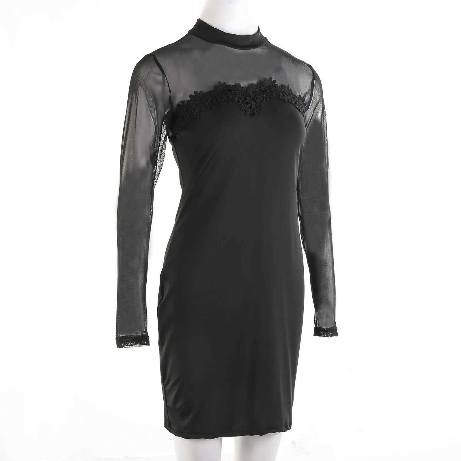 Womens Hip Dress Solid Color Lace Solid Collar Long Sve See Through Mesh Dress Cocktail Party Bar NightclubXJ250224