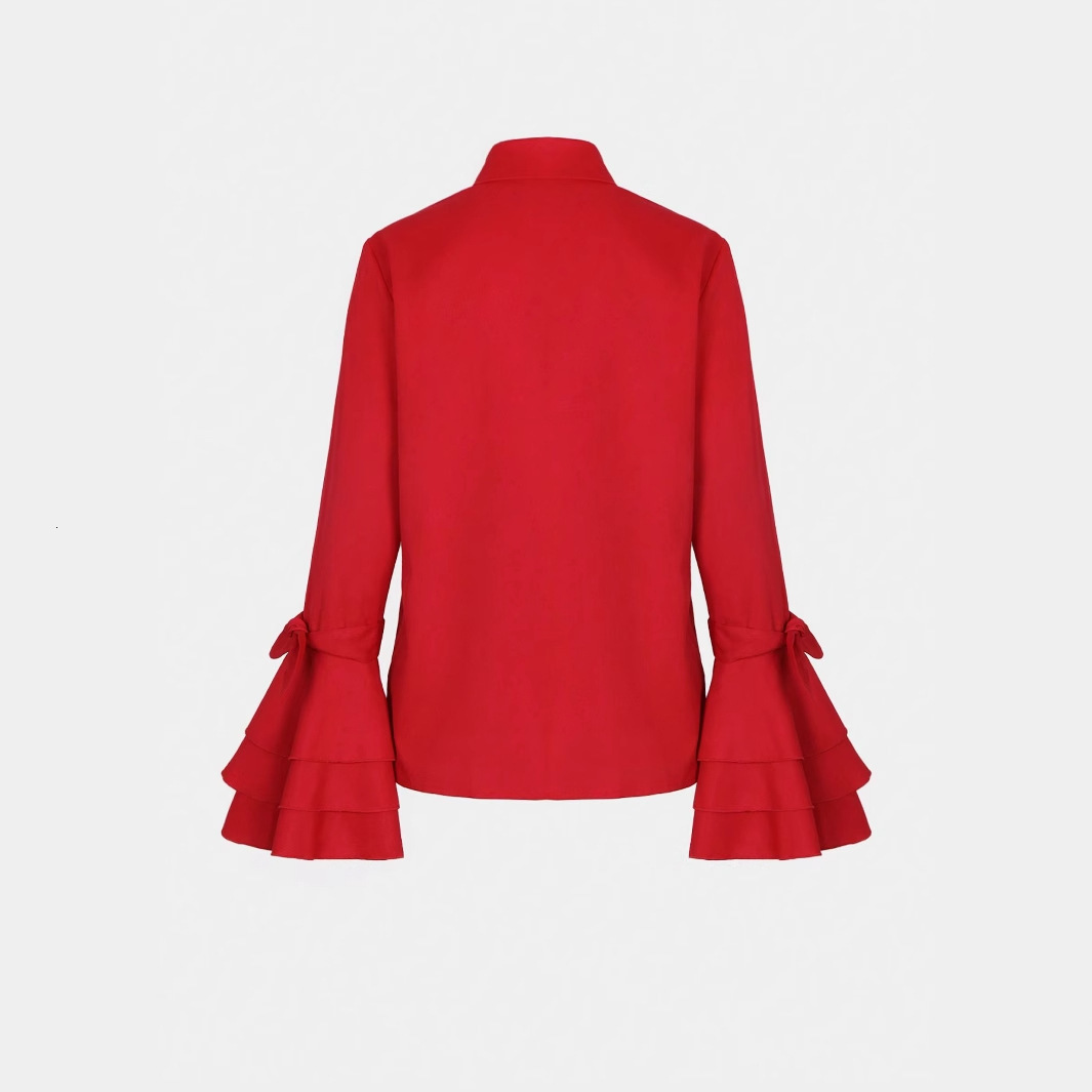 Womens Shirt Elegant Plain Mock Neck Tie Arm Trumpet Sleeve Shirt Office Lady Blue Fashion High Quality Long Sleeve Blouse 240805