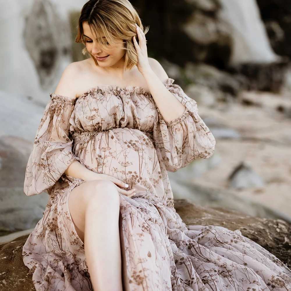 Printed Chiffon Long Sleeved Shoulder Material Photography Dresses Elegant Dress Photo Shoot Pregnant Dress For Women X250224