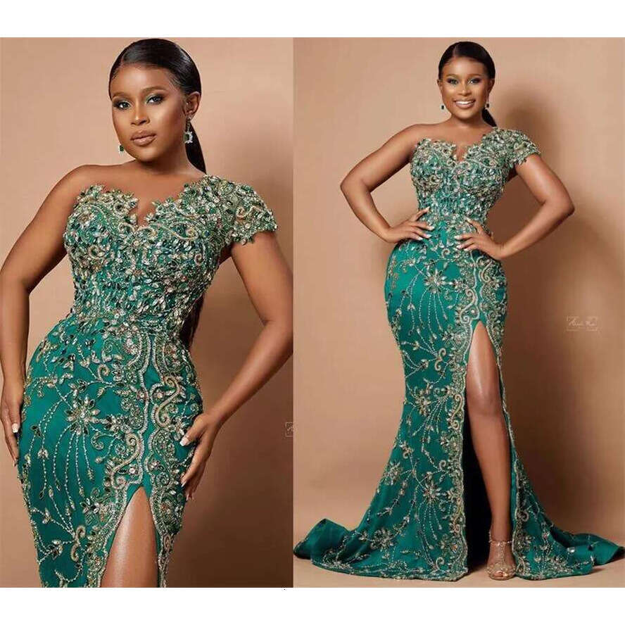 Arabic Plus Size Aso Ebi Hunter Green Mermaid Prom Dresses Lace Beaded High Split Evening Formal Party Second Reception Gowns Dress ZJ