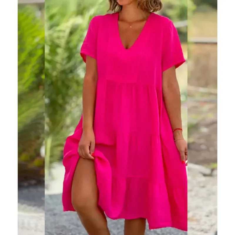 Loose Rose Red Pullover Mid-Length Dress 2024 Summer New Womens Fresh And Sweet V-neck Solid Color Large Swing Casual DressXJ250224