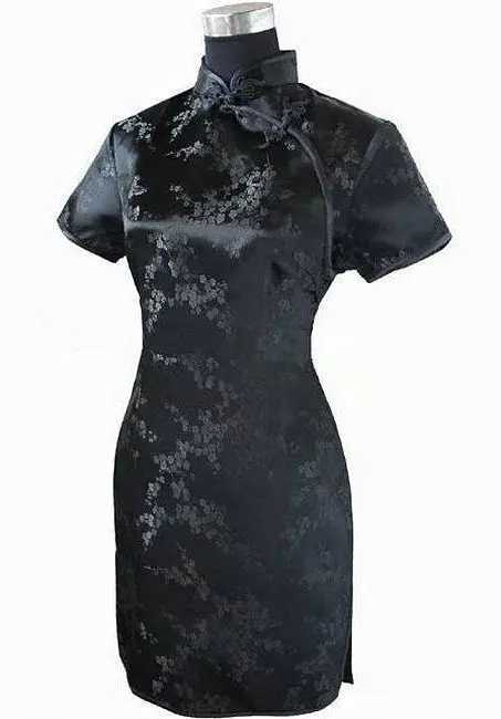 Black Traditional Chinese Women Qipao Dress Sexy Short Mini Cheongsam Handmade Button Flower Large Size 3XL 4XL 5XL 6XLXJ250224