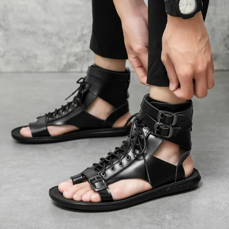 Summer Men Gladiators Lace Up Buckle Leather Casual Shoes Breathable Beach Sandals Outdoor Slippers Black White Plus Size 250224