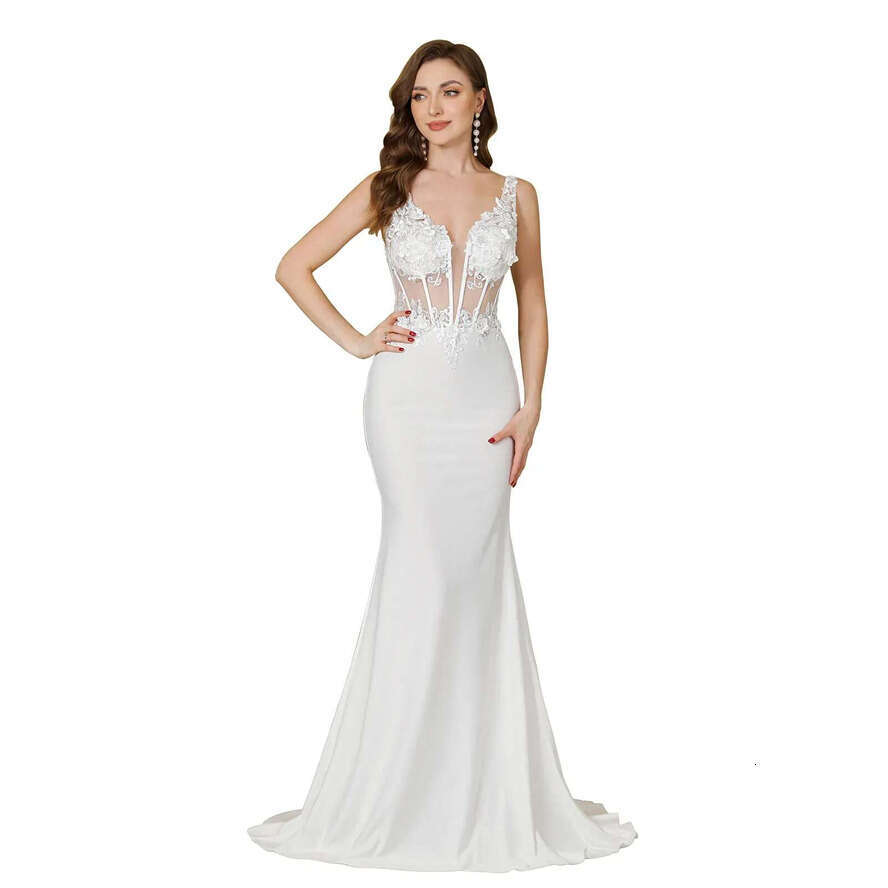 Sexy Backless Mermaid Wedding Dresses Deep V Neck Appliques Ivory Bridal Gowns Sweep Train Robes Under