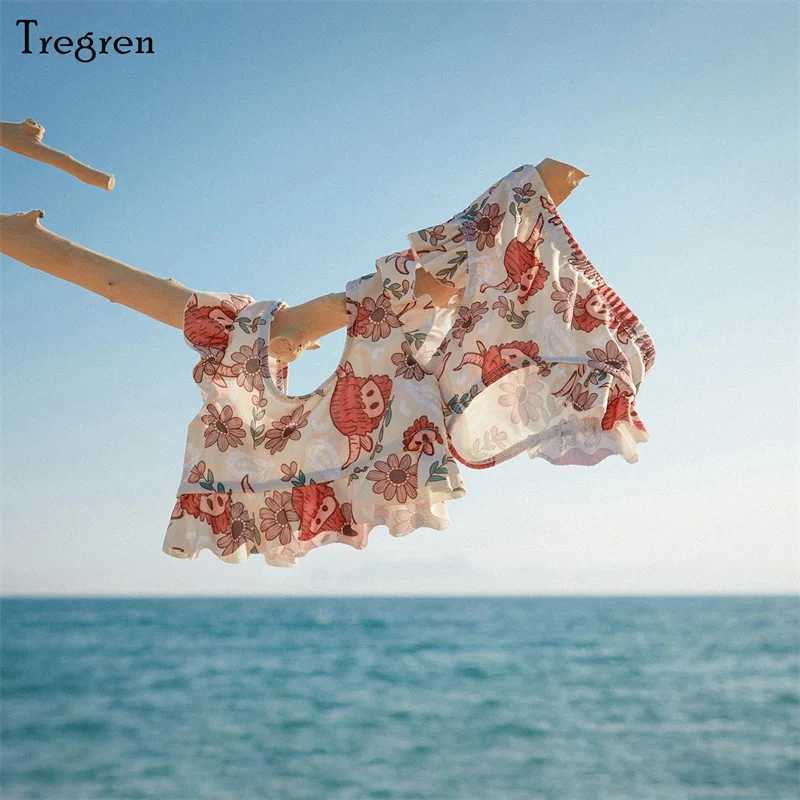 Tregren Cute Baby Bikini Flower/Cow Head Printed Swimsuit Ruffle Swimsuit Summer Pool Hot Spring Beach Wear X250224