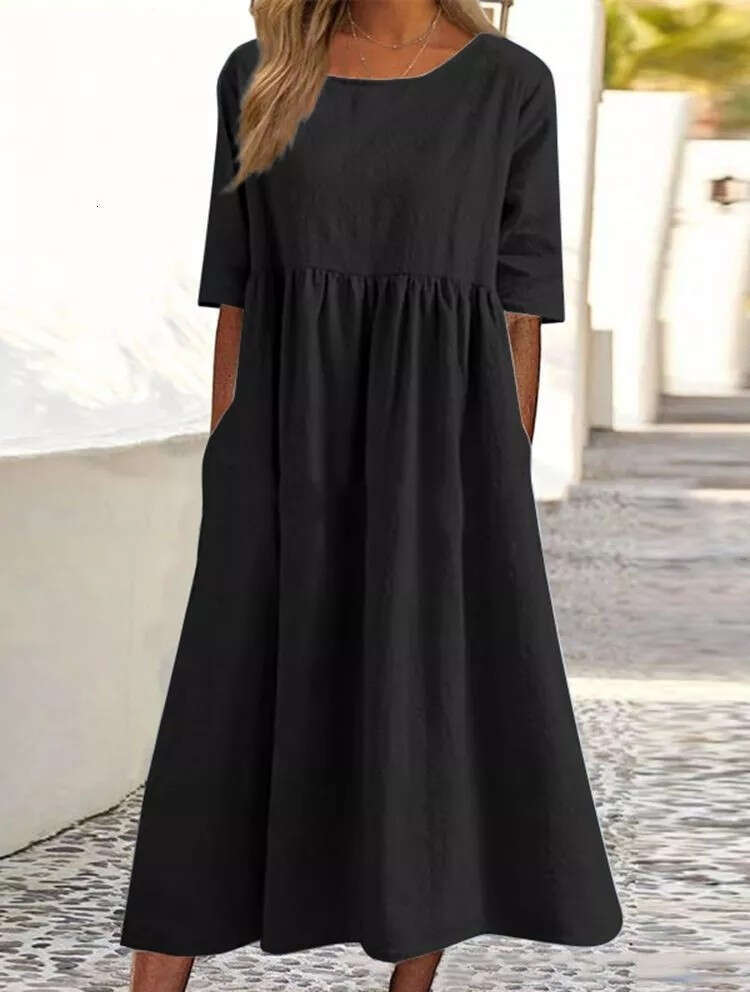 Spring/Summer New Round Neck 5-Cent Sleeve Large Casual Loose Long Solid Color Cotton And Hemp Dress