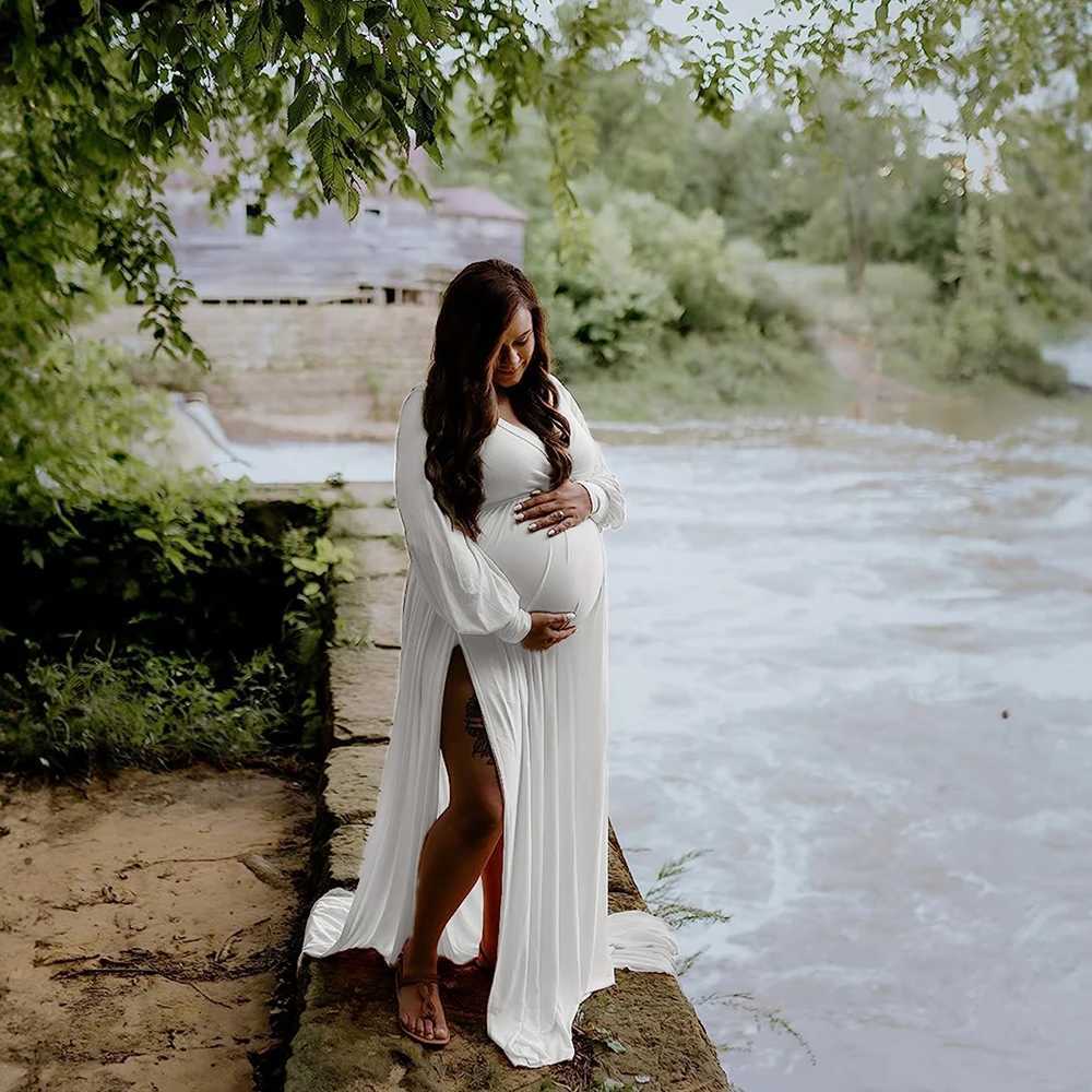 Maternity Dresses V Neck Side Slits Lantern Sleeve Elegant Maxi Gown Pregnancy Clothes Photography For Baby Shower Evening Party X250224