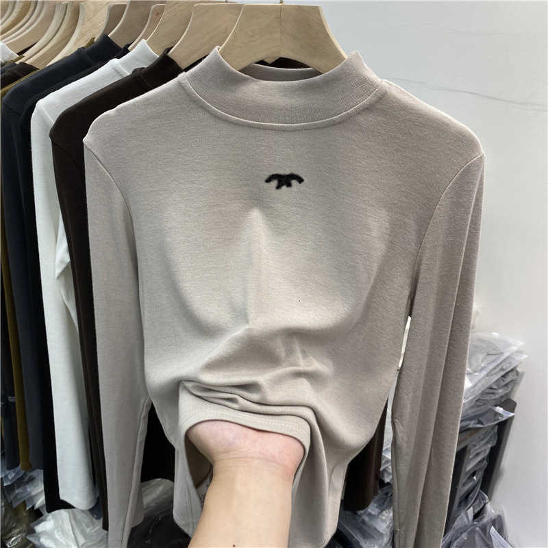 Women's T-Shirt designer brand Woolen and Flannel Stand Up Collar Base Shirt Long Sleeved Cotton T-shirt Autumn Winter New Top 0IT8