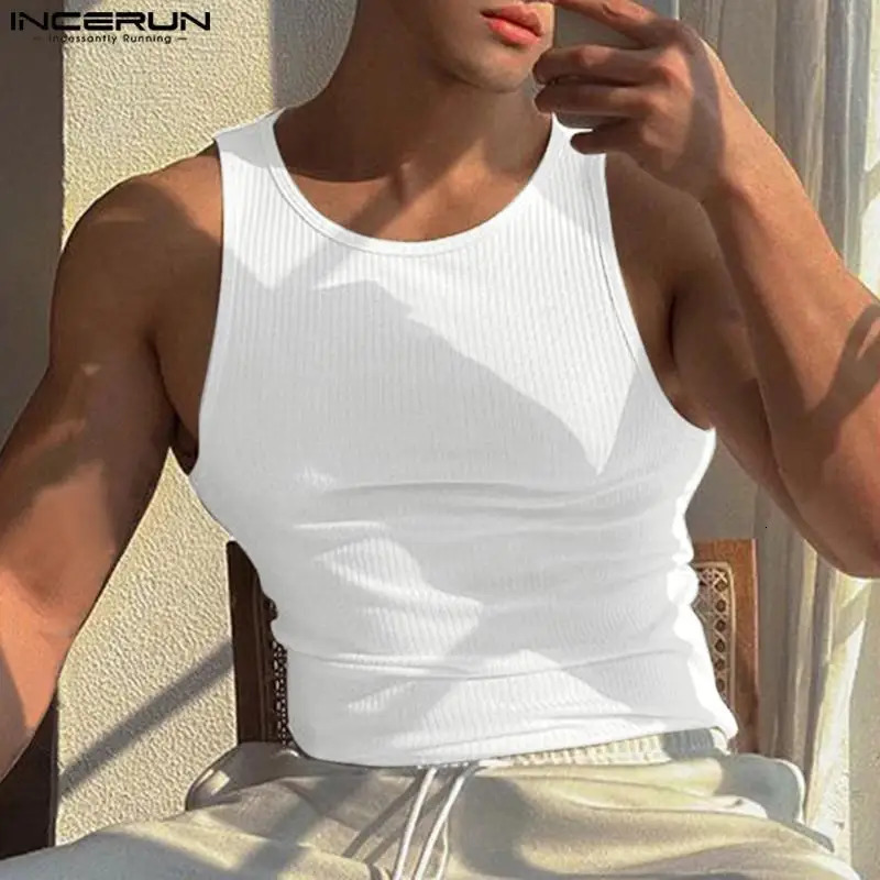 INCERUN Men Tank Tops Solid Color O-neck Sleeveless Streetwear Summer Casual Vests Skinny Fashion Leisure Men Clothing 5XL 250224