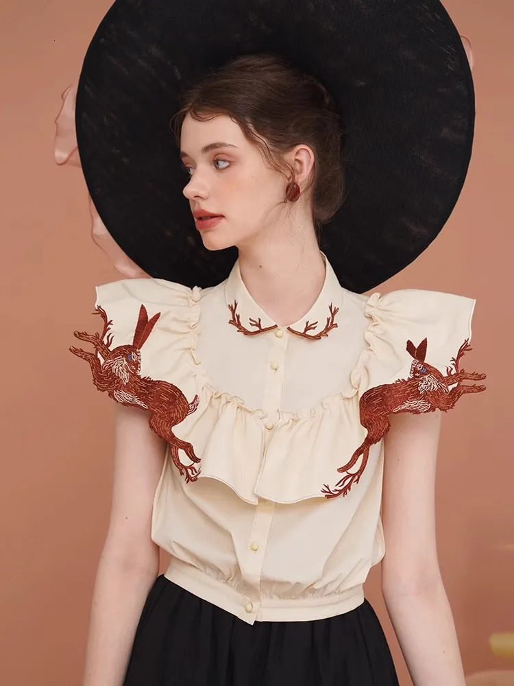 Rabbit Embroidered Shirt for Women Exquisite Summer Shirt 250224