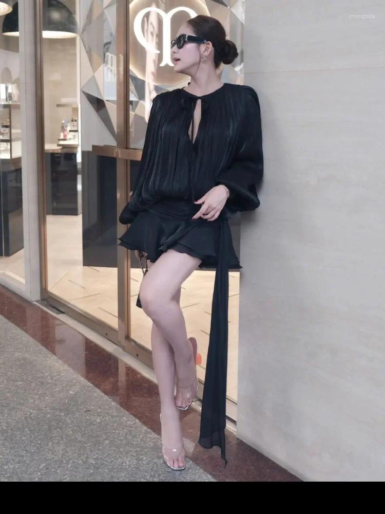Casual Dresses Elegant Lace Up Womens Dress Lantern Sleeve V Neck Loose Mini Female 2025 Spring Summer Pleated Shining Lady Vestidos