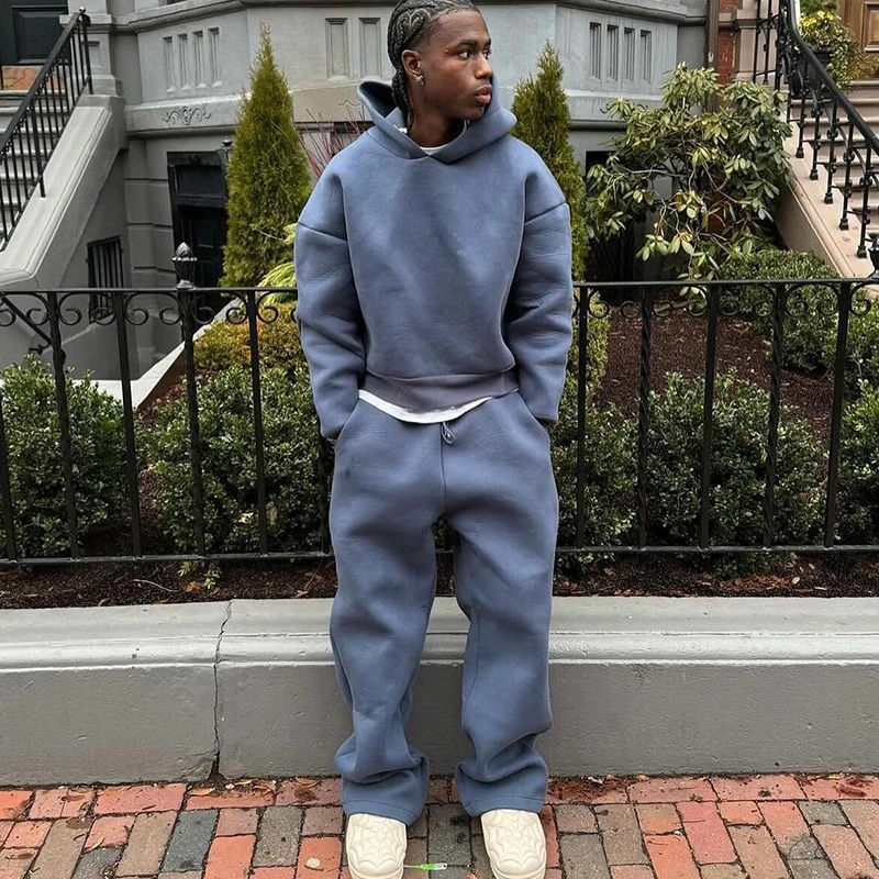 Mens Hoodie Set Solid Color Simple Sports Style Pullover Casual Loose Chic High Quality Two-piece Comfortable Warm Top 250225