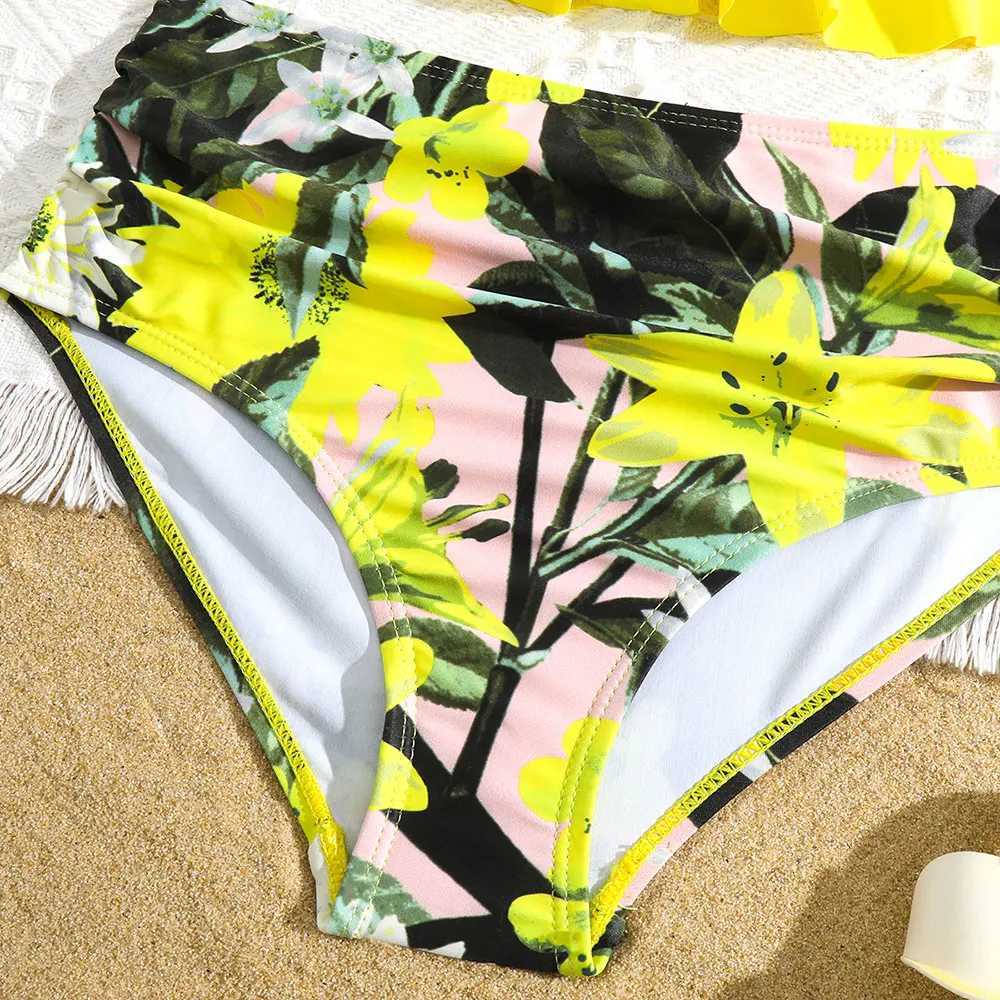 Girl Ruffle Hem Floral Bikini Swimsuit Kids High Waist Two Piece Childrens Swimwear 5-14 Years Halter Top Swimming Bathing Suit X250224