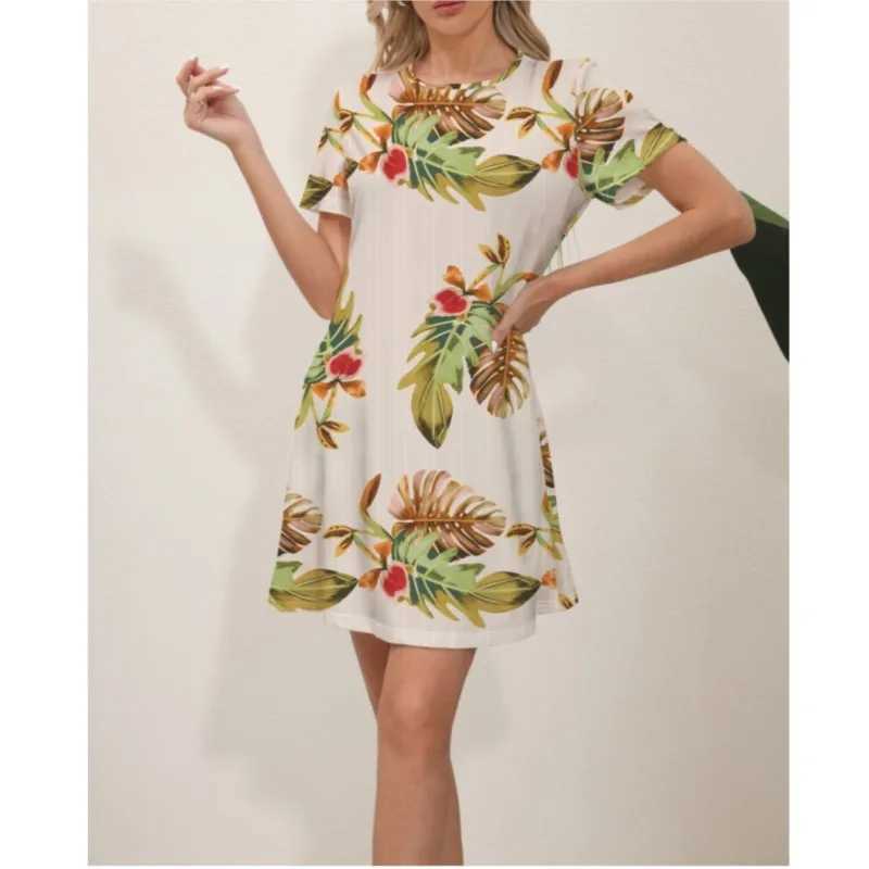 2024 Summer Latest Womens Fashion Print Street Trend Round Neck Sweet and Fresh Flowers Solid Colors Suitable for Beach DressesXJ250224