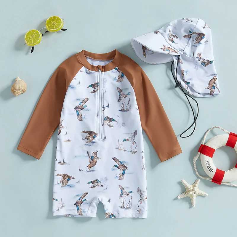 Baby Girls Rash Guard Swimsuit with Hat 2 Pcs Set Floral Print Zip Up Long Sleeve Crew Neck Toddler Girls Swimwears X250224