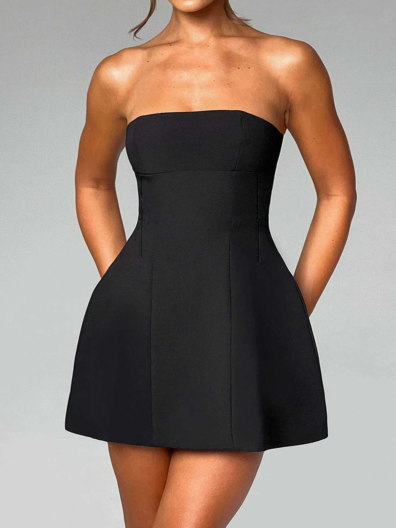 Womens solid color casual sveless backless strapless slim fit short dress party dressXJ250224
