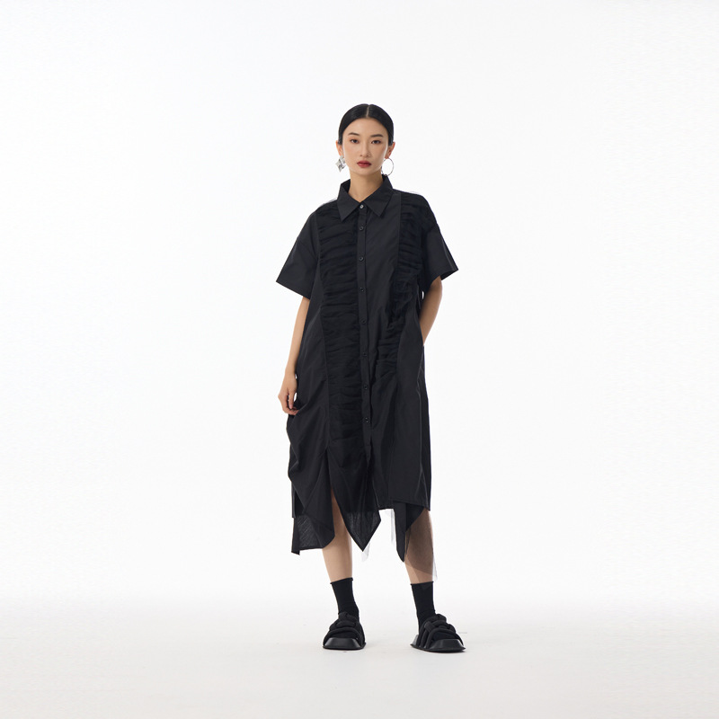 M7125 New Korean version of Yamamoto dark style patchwork short-sleeved shirt dress for women in summer thin niche design