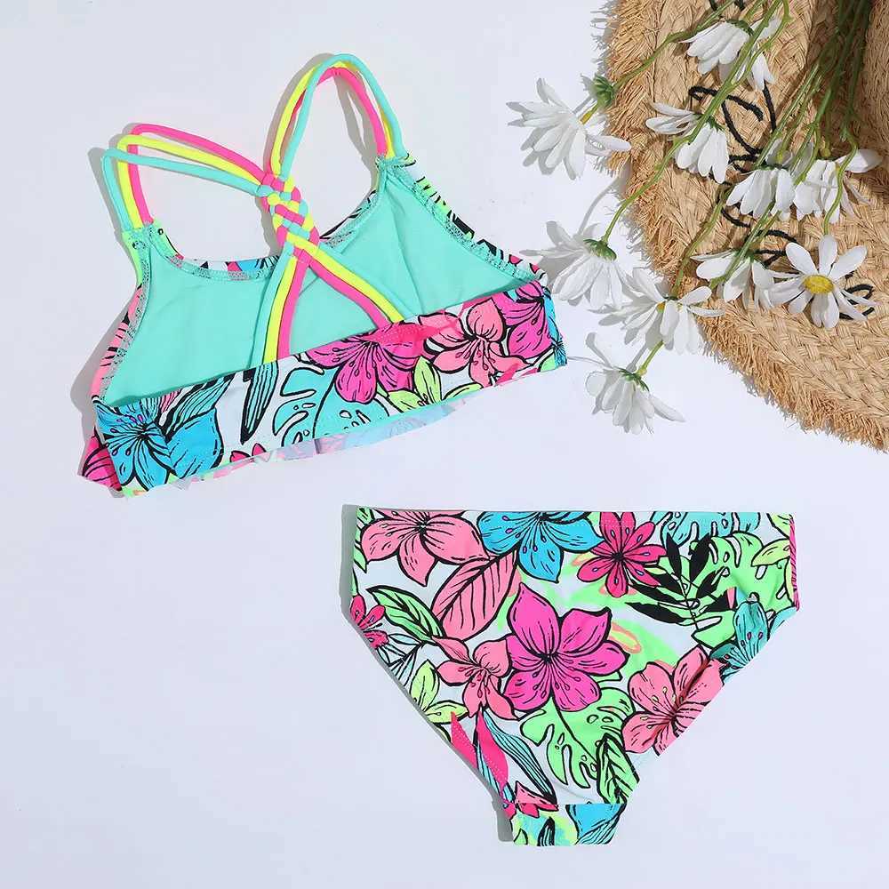 4-18 Years Flounce Girl Swimsuit Kids Tropical Floral Two Piece Childrens Swimwear Crochet Strap Bikini Set Girls Bathing Suits X250224