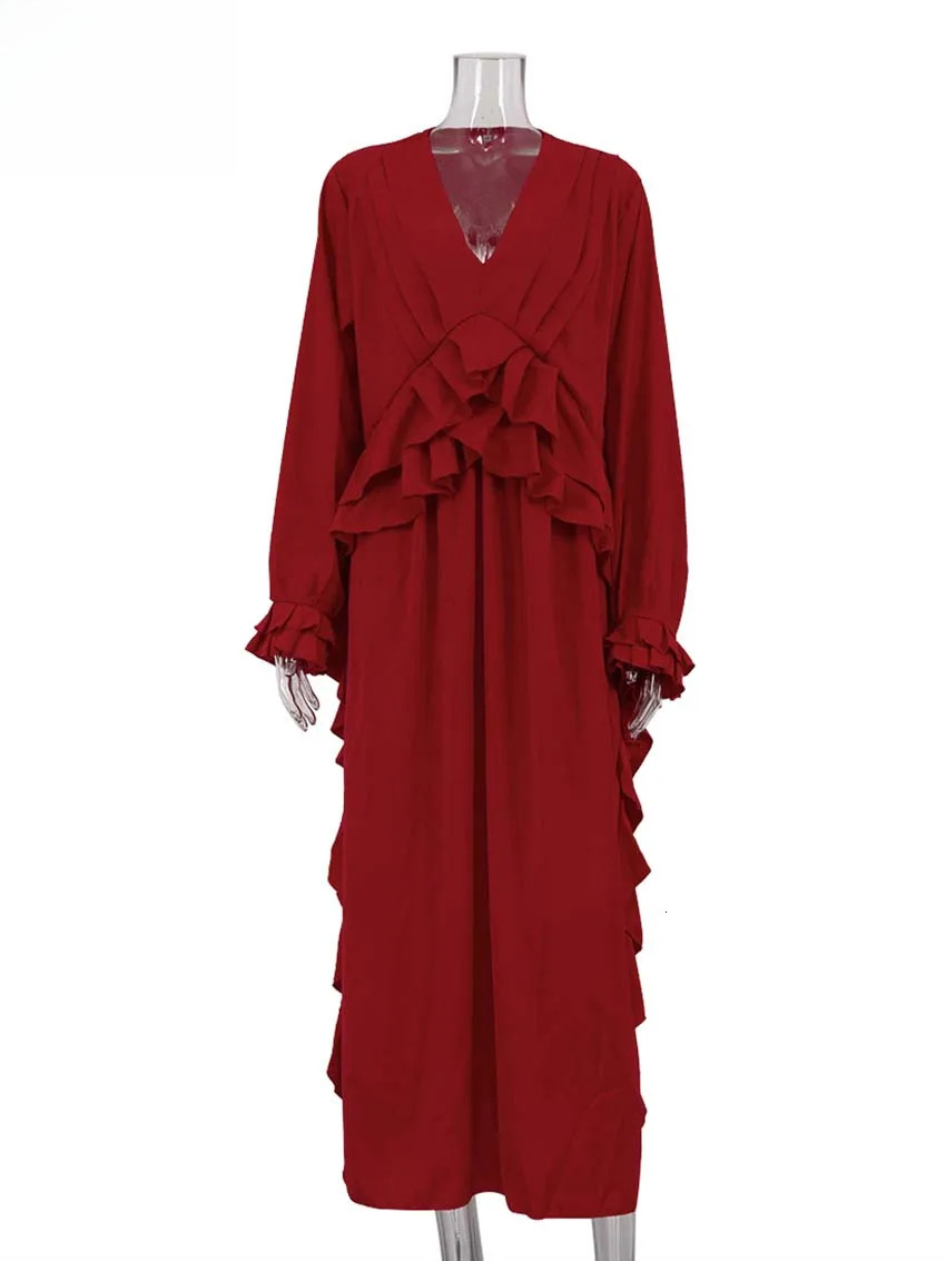 Fashion Red Loose Women's designer clothing Elegant Ruffled V-Neck Long Sleeve Dresses Casual Side Slit Ankle-Length Dress Streetwear