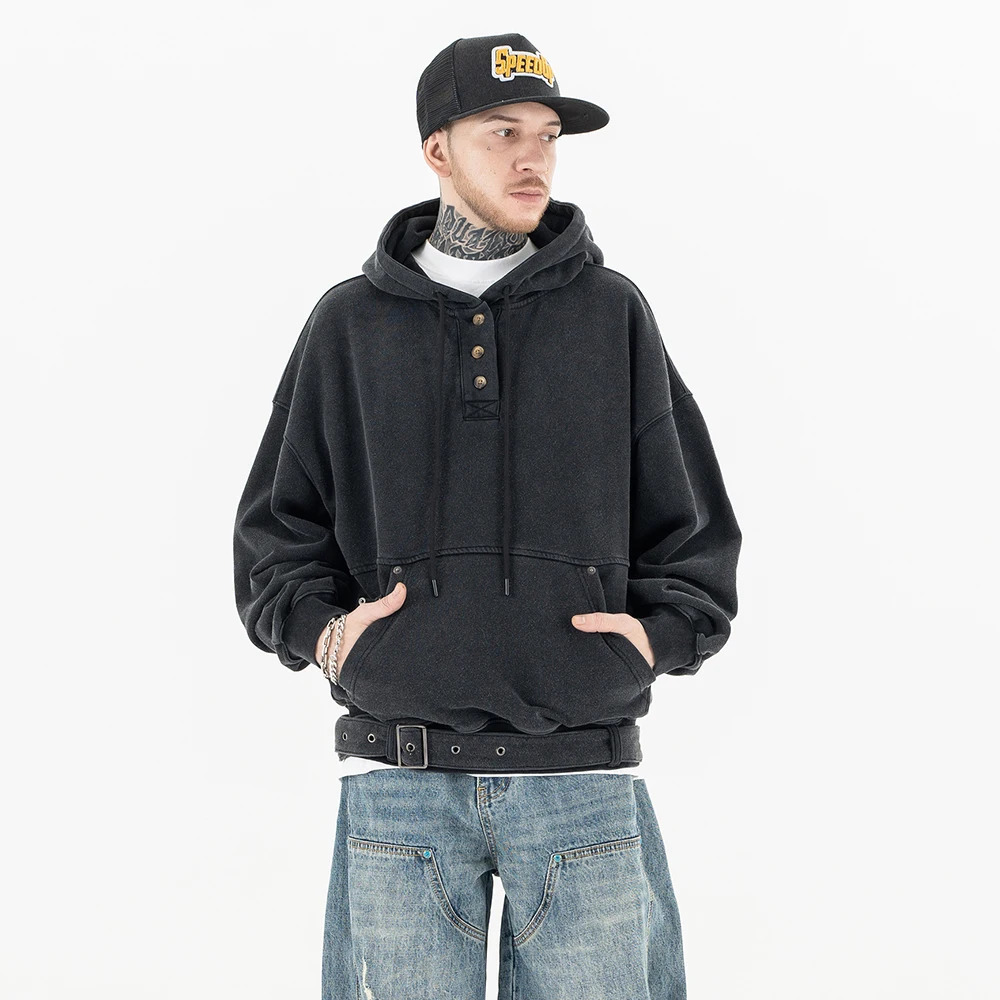 Superway Original Design Winter Niche Solid Hoodies Men Button High Street Hip Hop Streetwear Loose Pullover American Style Tops 250224