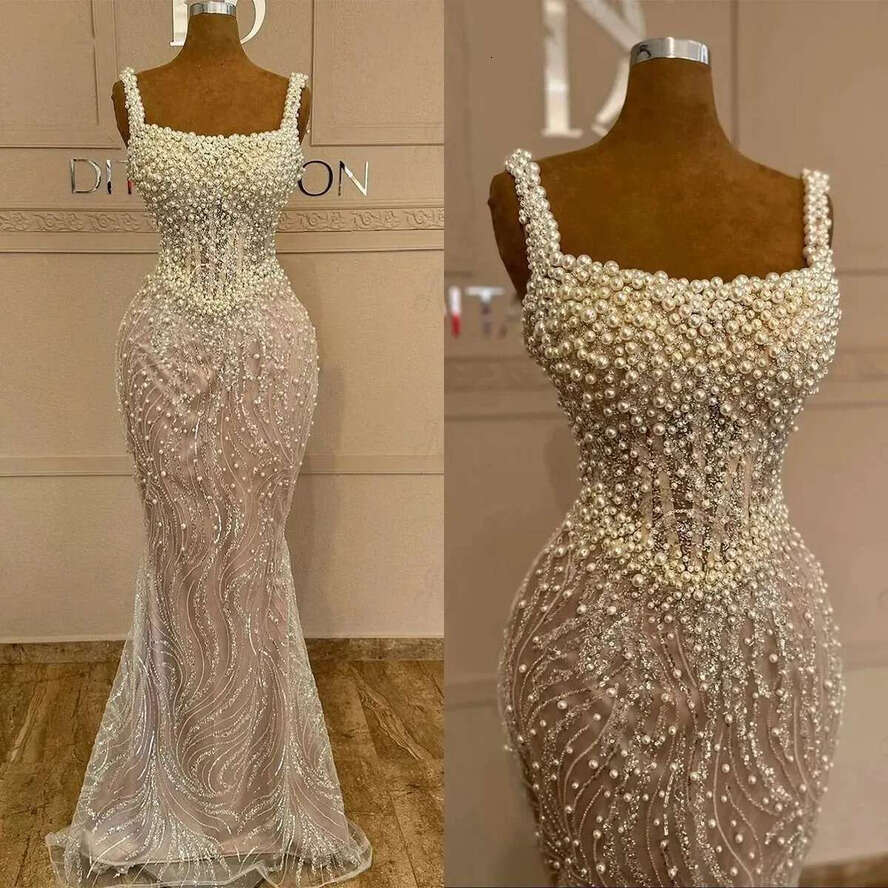 2024 Square Neck Mermaid Wedding Dresses Sparkg Pearls Lace Bridal Gown Formal Sleeveless Or Length Trumpet Dress