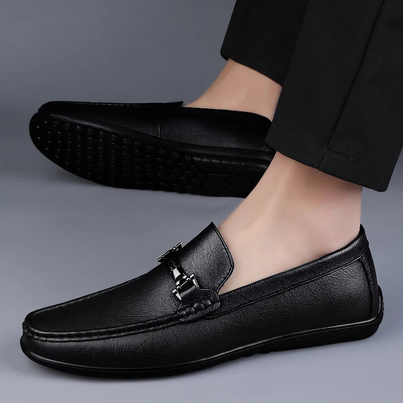 Metal Buckle Blue Loafers Genuine Leather Mens Slip on Shoes Comfortable Men Casual Shoes Male Driving Footwear Breathable Mens 250224