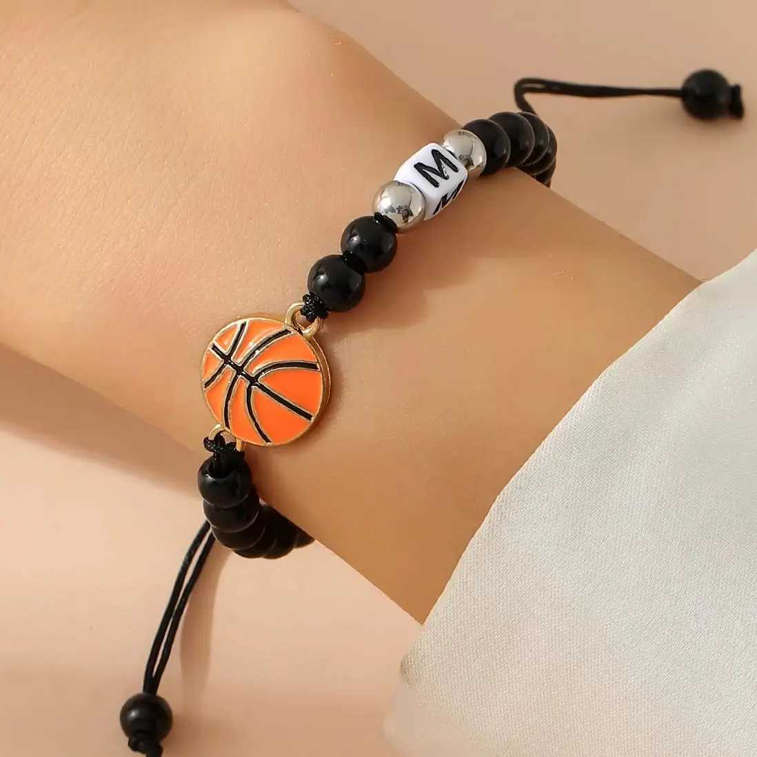 ZIRUISP New Basketball Black Shiny Beads Bracelets For Men And Women With 26 Name Initials A-Z Jewelry GiftsXJ250225