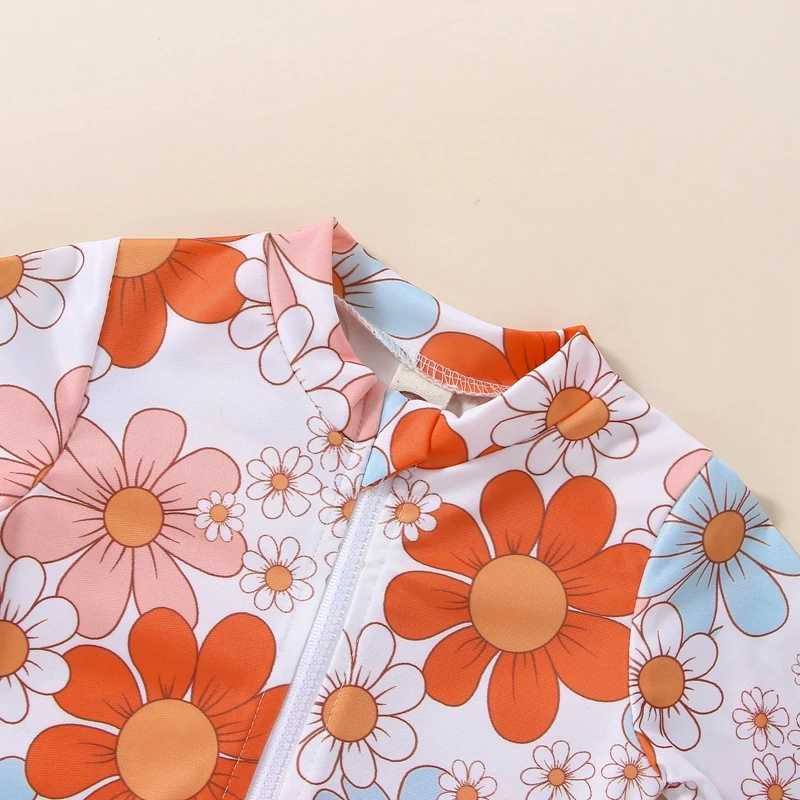 2022-12-12 Womens 0-24M Infant Girls Summer Swimsuit Flower Print Long Sleeve Zipper Closure Ruffle Bikini Swimming Cap X250224