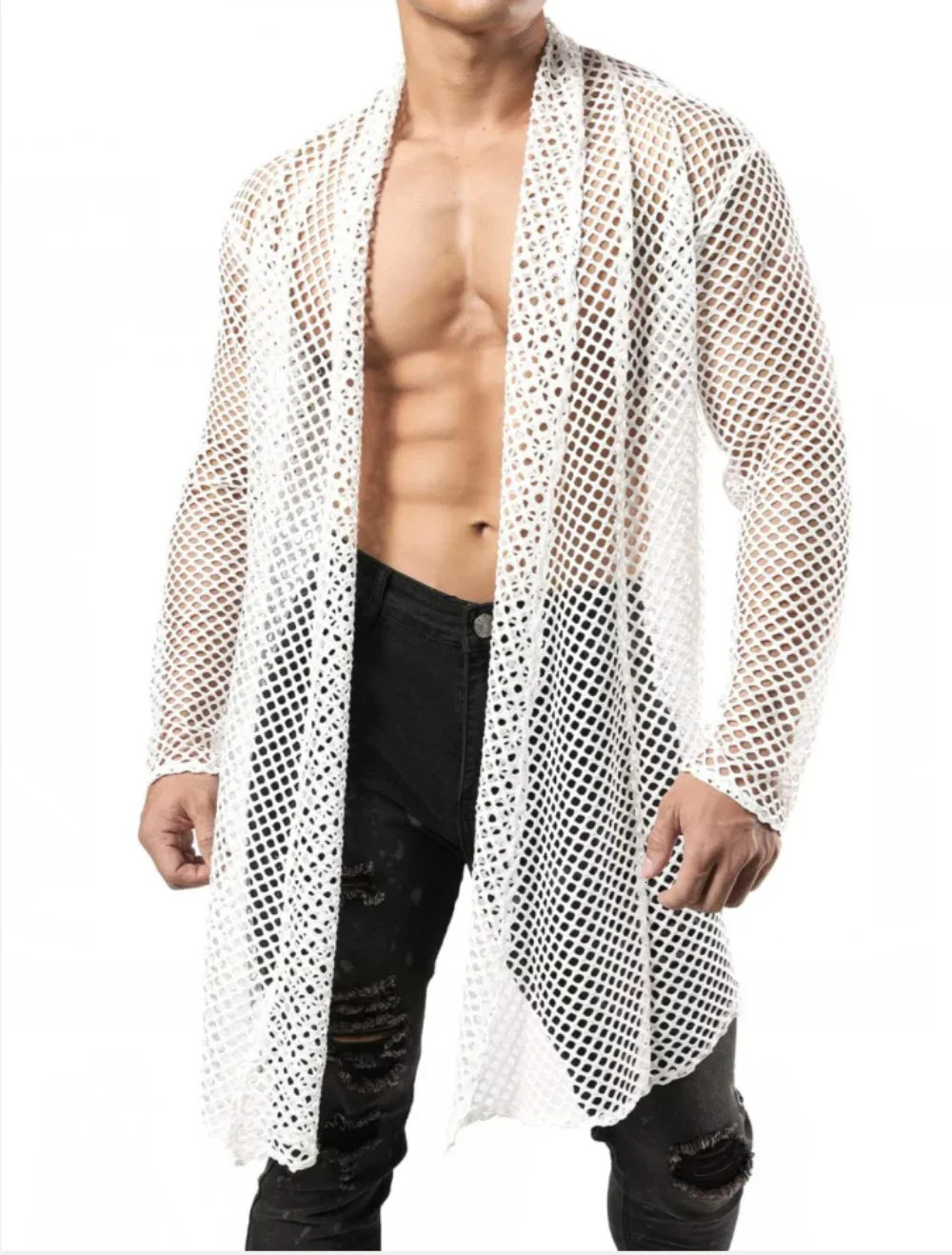 Sexy mens hollow long open plaid streetwear mens fashion perspective long sleeved T-shirt top 250222